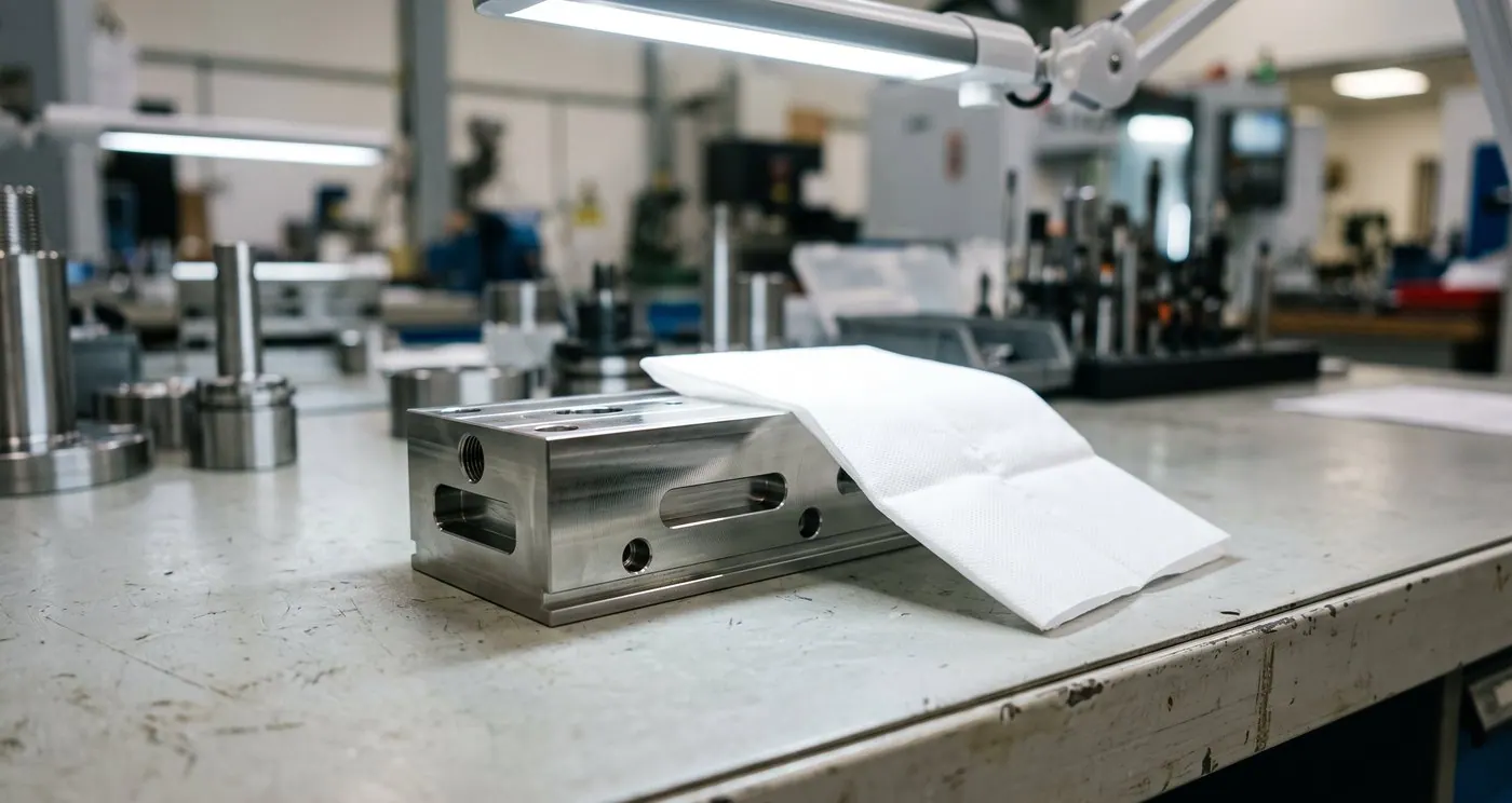 A machined steel component under inspection light with a white lint-free wipe drawn across its surface