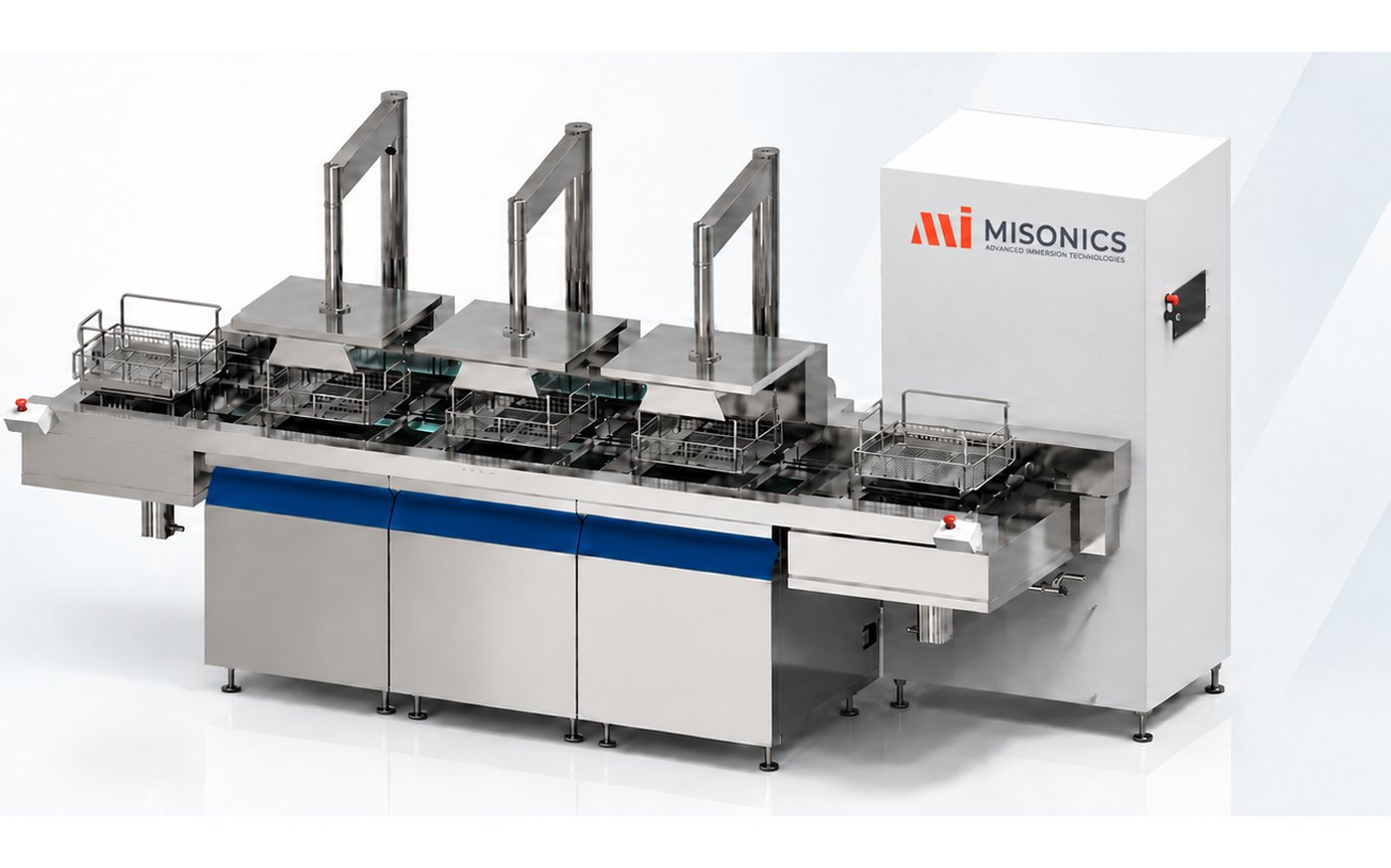 Misonics automated ultrasonic cleaning line — three stations with powered basket transfer and a control cabinet