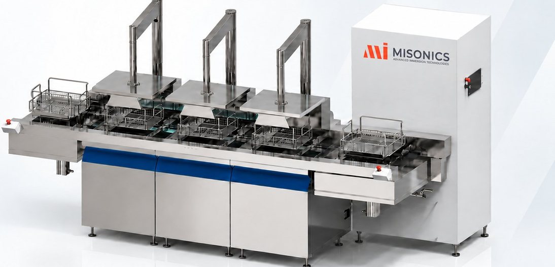 Misonics automated ultrasonic cleaning line - three stations with powered basket transfer
