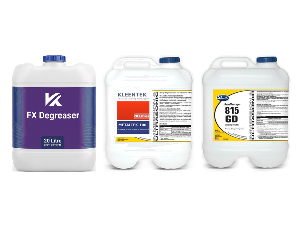 Misonics ultrasonic cleaning chemicals — FX Degreaser, MetalTek 100 and AquaVantage 815 GD in 20 litre drums