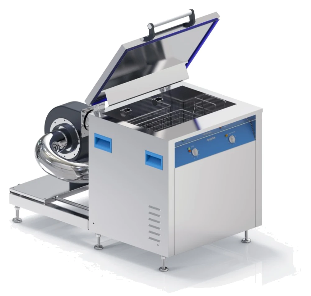 Misonics hot air drying tank with the lid raised, wire basket in the chamber and the hot air blower on the left