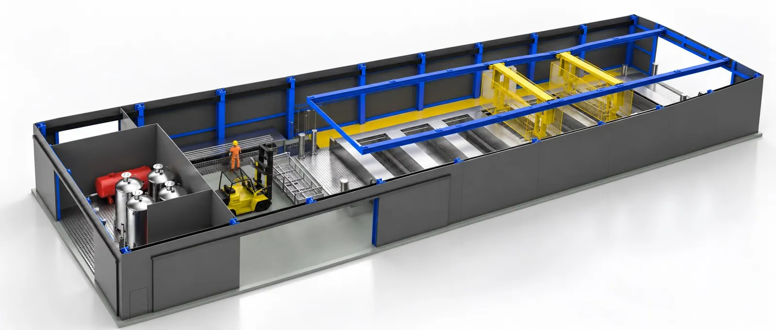 Cutaway of an engineered ultrasonic degreasing and passivation line inside its building, with process tanks, overhead carriages, loading bay and plant room