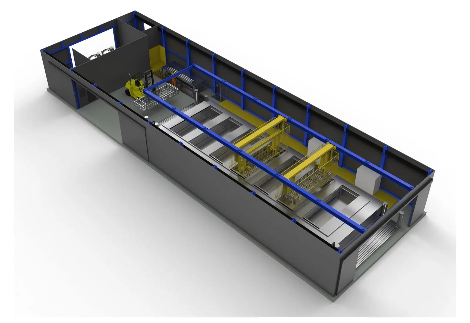 Cutaway render of the building showing the line from the load end with the steel frame