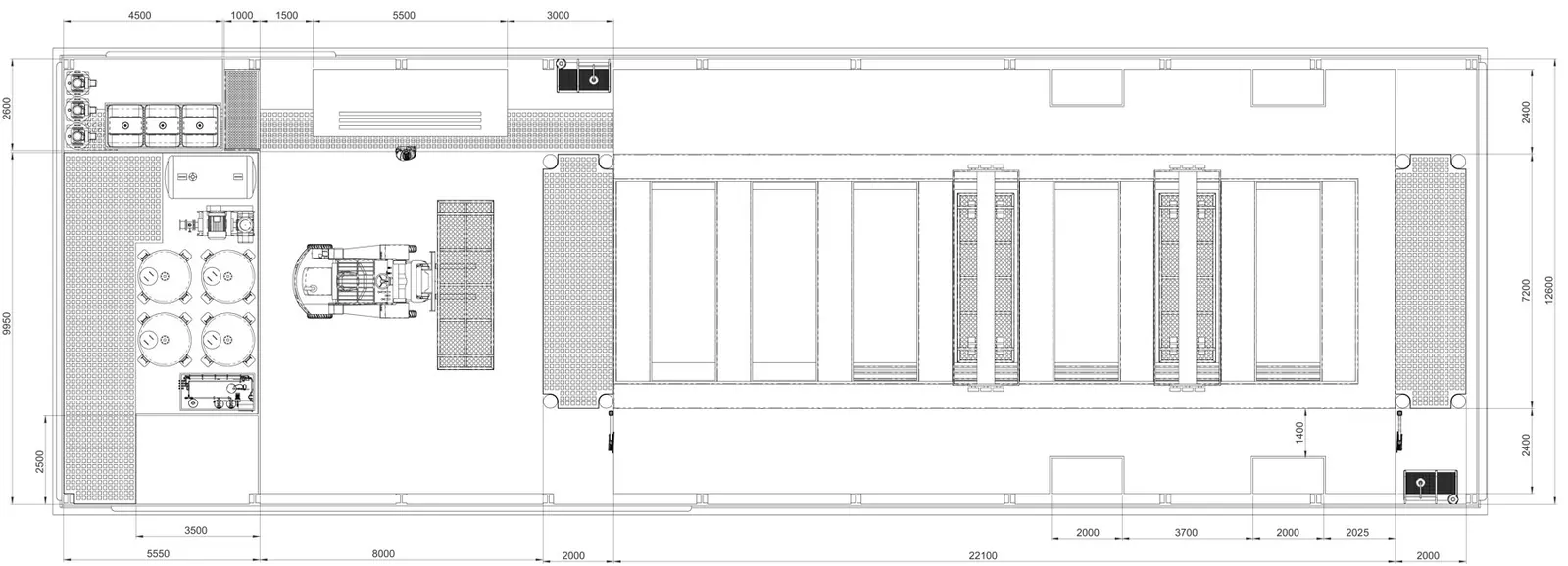 Dimensioned general arrangement plan of the degreasing and passivation line, plant room and loading area
