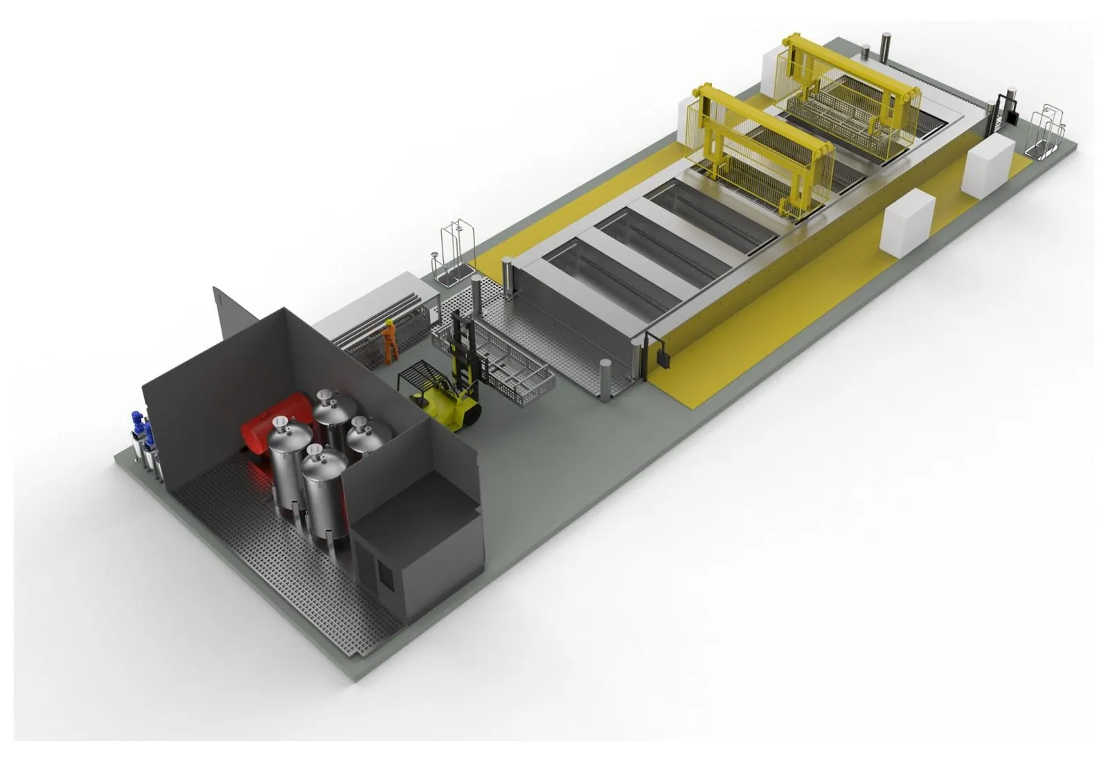 Render of the line with walls removed, showing process tanks, two overhead carriages, loading area and plant room