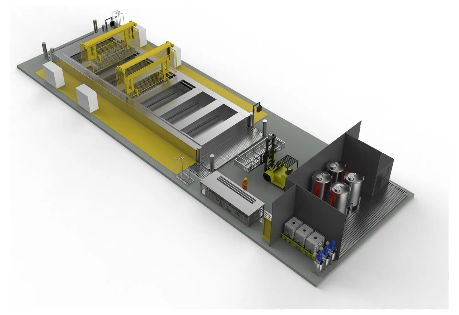 Render showing the chemical store with IBCs, mixing tanks and water storage beside the line