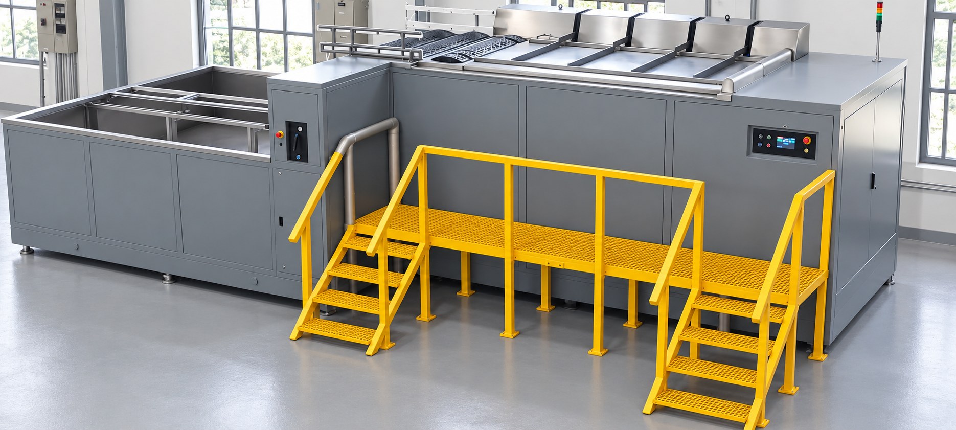 Misonics EVS 7000-PL heavy industrial ultrasonic tank with elevator platform and access stairs (render from the pre-despatch photograph)