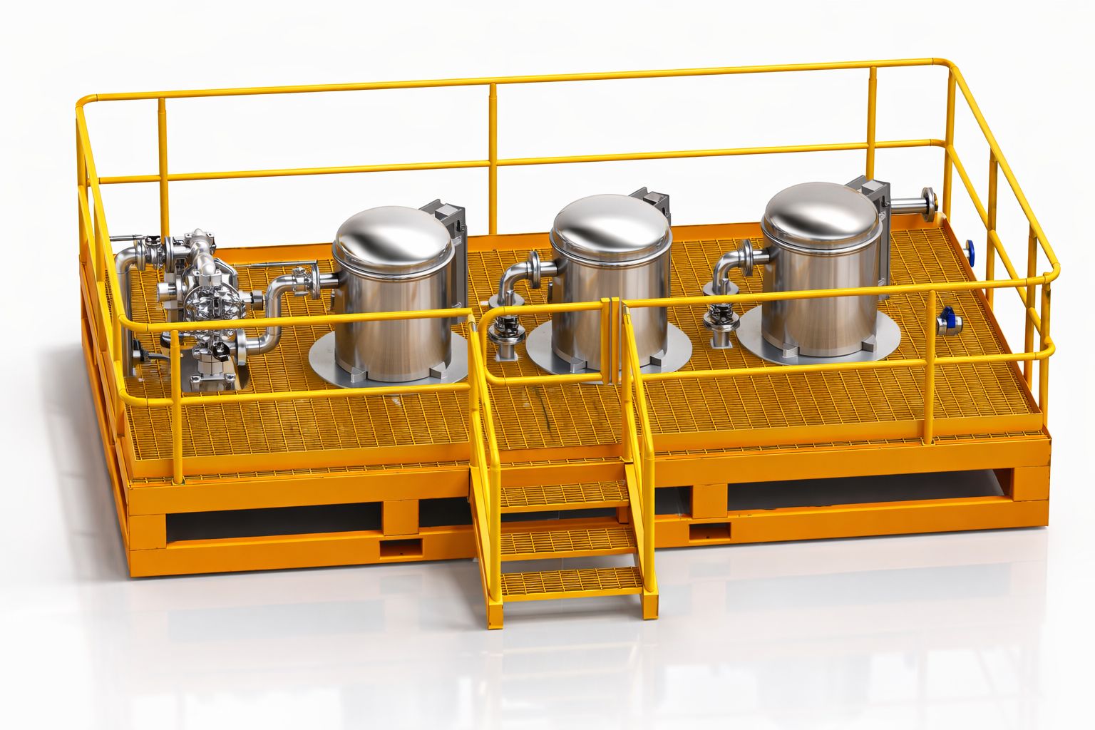 Multi-vessel filtration skid on a bunded frame