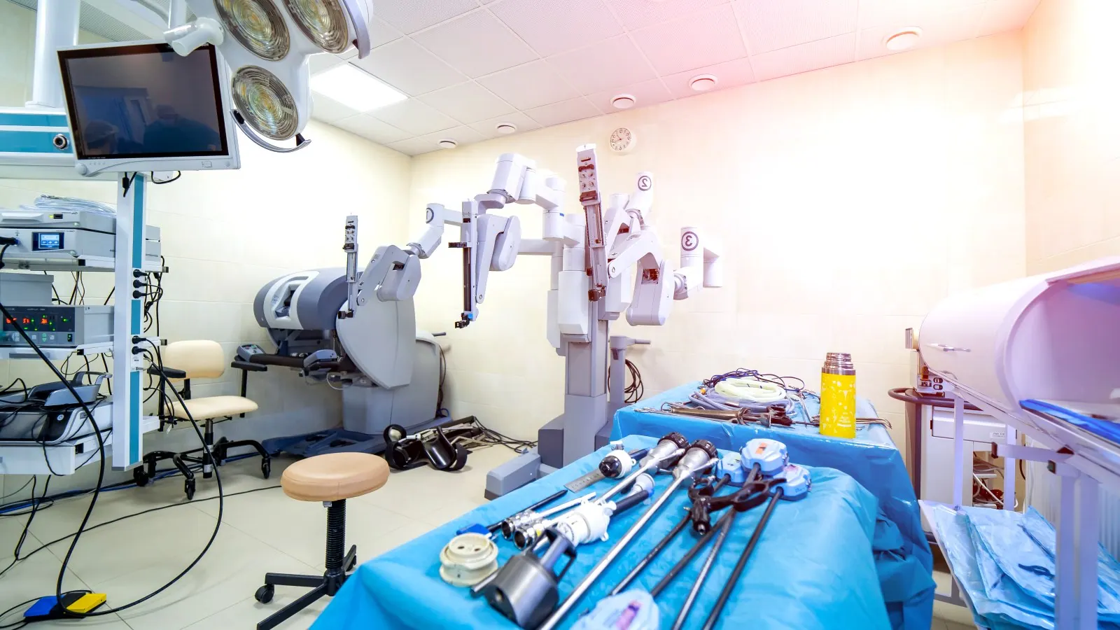 Operating theatre with surgical instruments prepared for a procedure