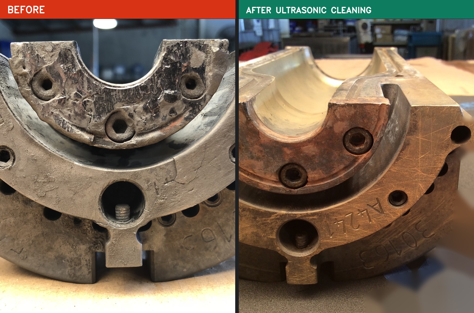 Neck-ring die segment before and after ultrasonic cleaning