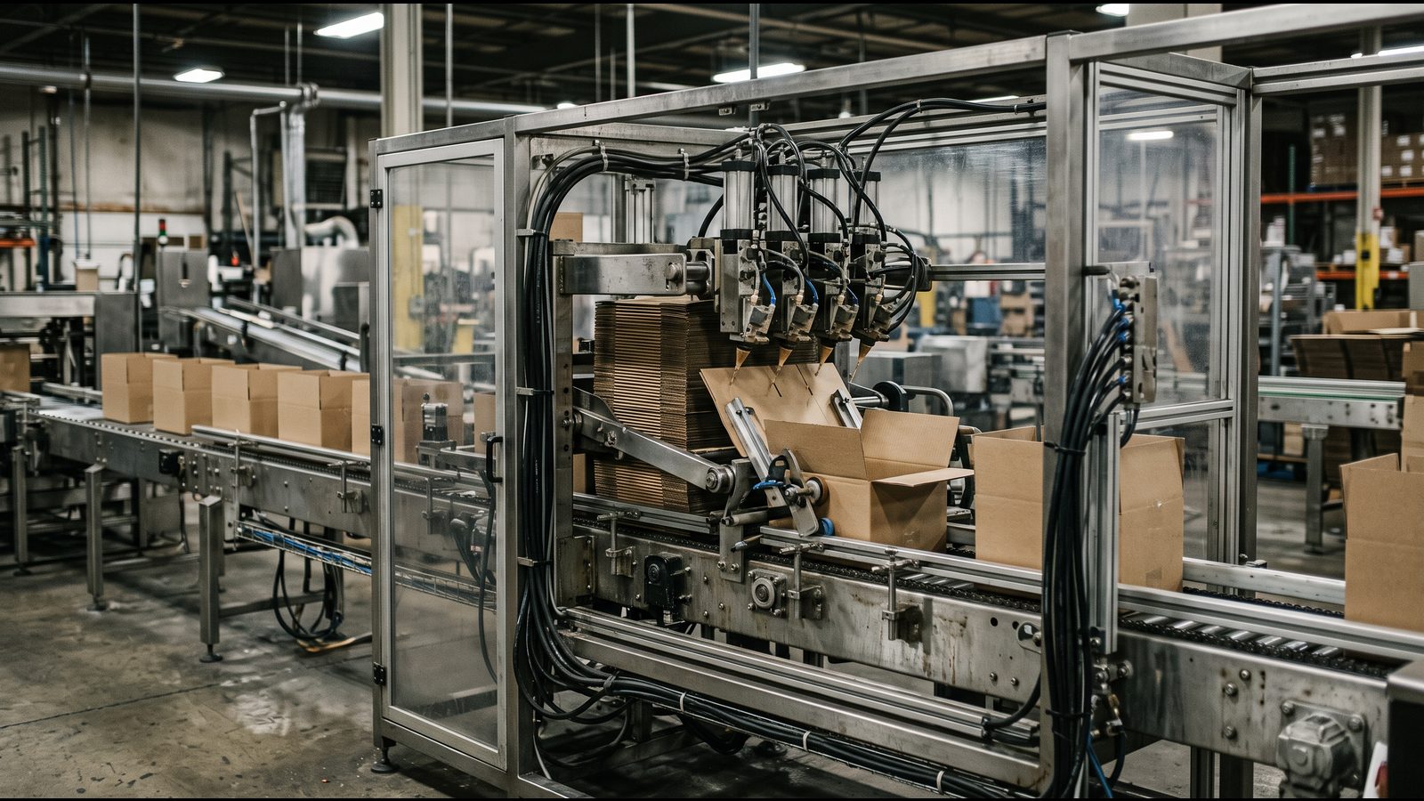 Case erector applying hot melt adhesive to carton flaps on a packaging line