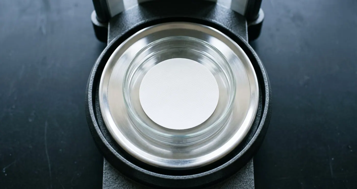 A white gravimetric filter membrane on the pan of a laboratory balance
