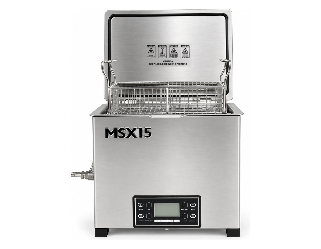 Misonics MSX 15 industrial ultrasonic cleaner — Front elevation, lid open