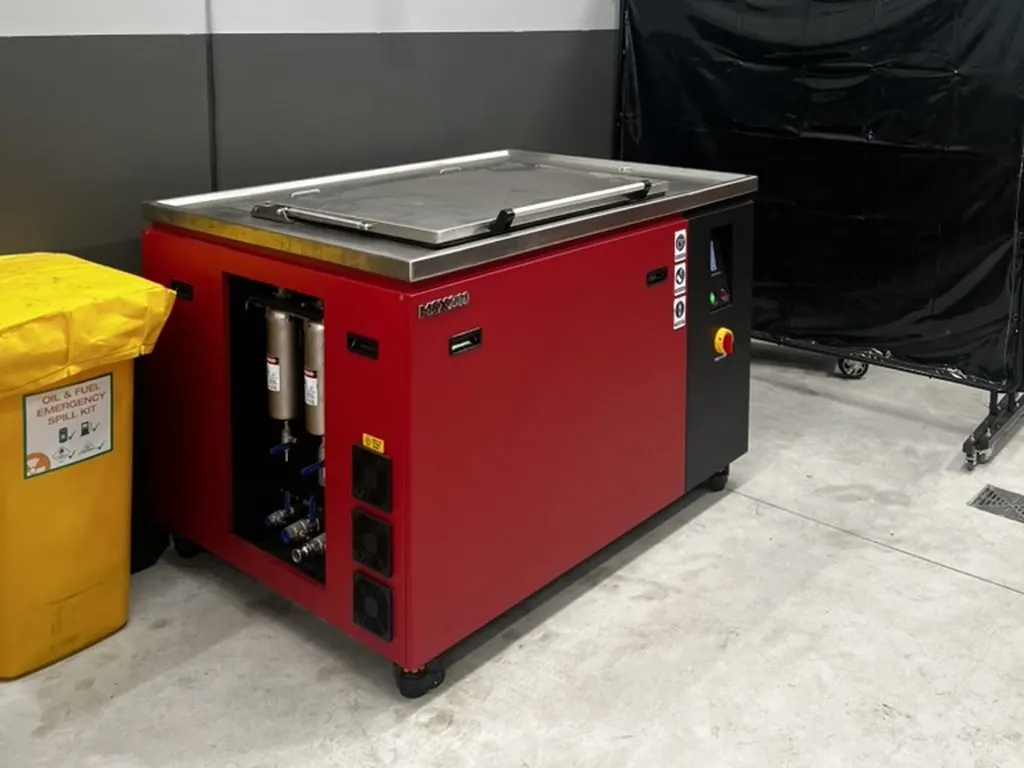 Misonics MSX 240 industrial ultrasonic cleaner in service at a truck service centre workshop