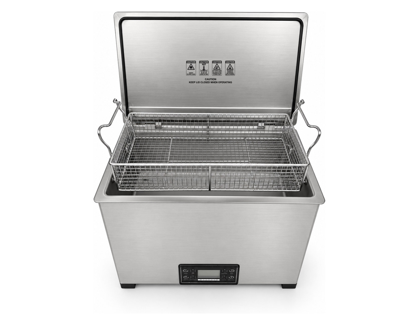Misonics MSX 30 industrial ultrasonic cleaner — Lid open, basket in — three-quarter view