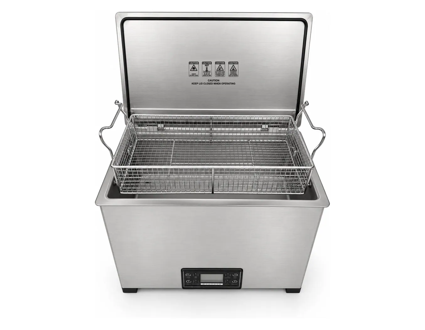 Misonics MSX 30 industrial ultrasonic cleaner — Lid open, basket in — three-quarter view