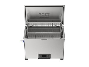 Misonics MSX 30 industrial ultrasonic cleaner &mdash; Lid open, basket in &mdash; three-quarter view