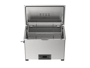 Misonics MSX 30 industrial ultrasonic cleaner &mdash; Lid open, basket in &mdash; three-quarter view