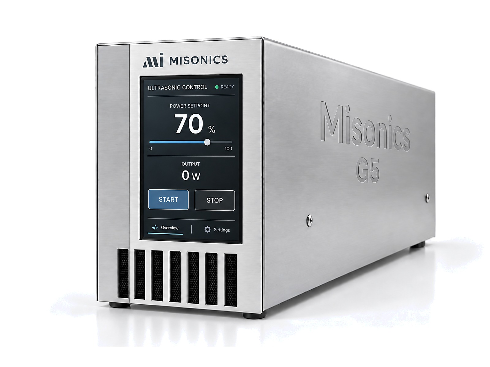 Misonics SonoDrive G5 ultrasonic generator, front three-quarter view with the touch screen showing the power setpoint