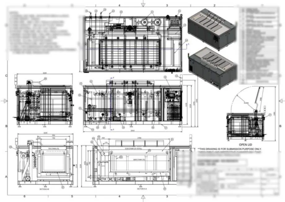 General arrangement drawing from a factory acceptance test report, client details blurred