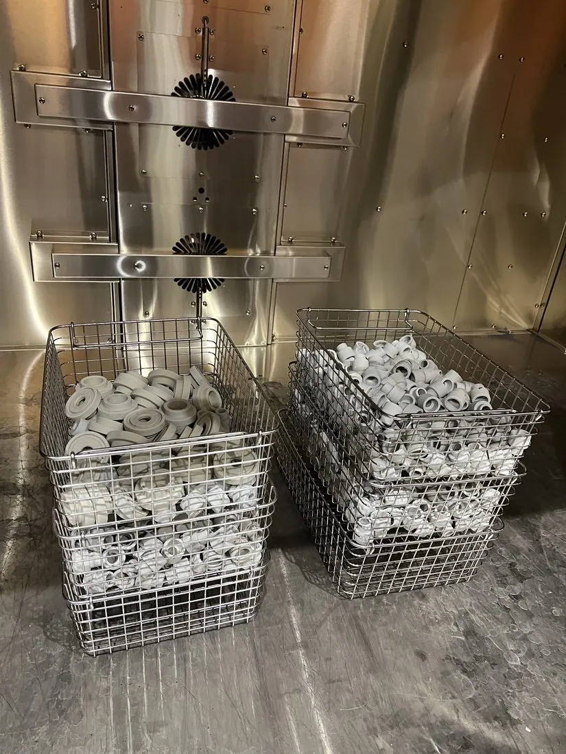 Loaded baskets ready to go into the ultrasonic tank
