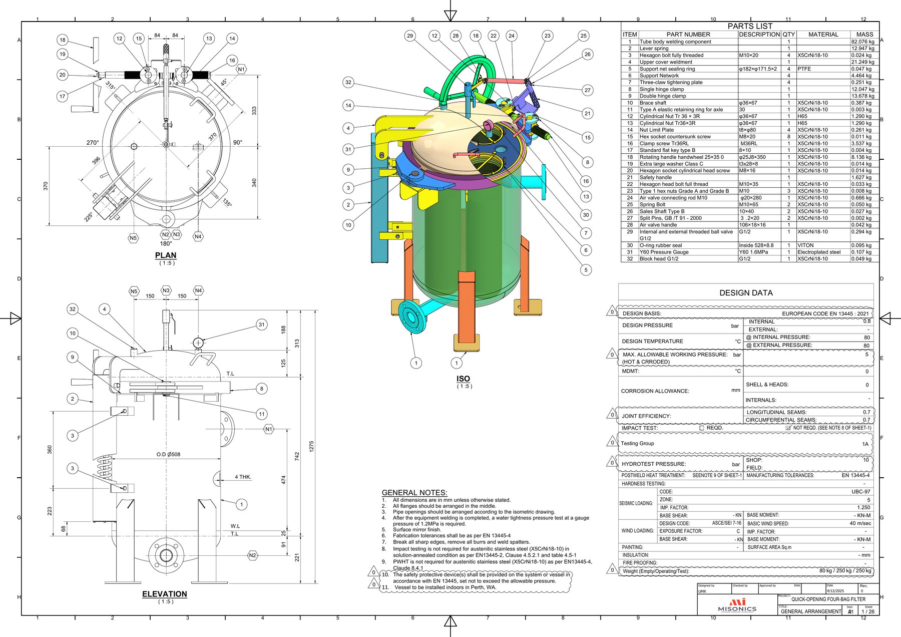 Quick Opening Four Bag Filter — general arrangement drawing, Misonics MI-2025-0000001