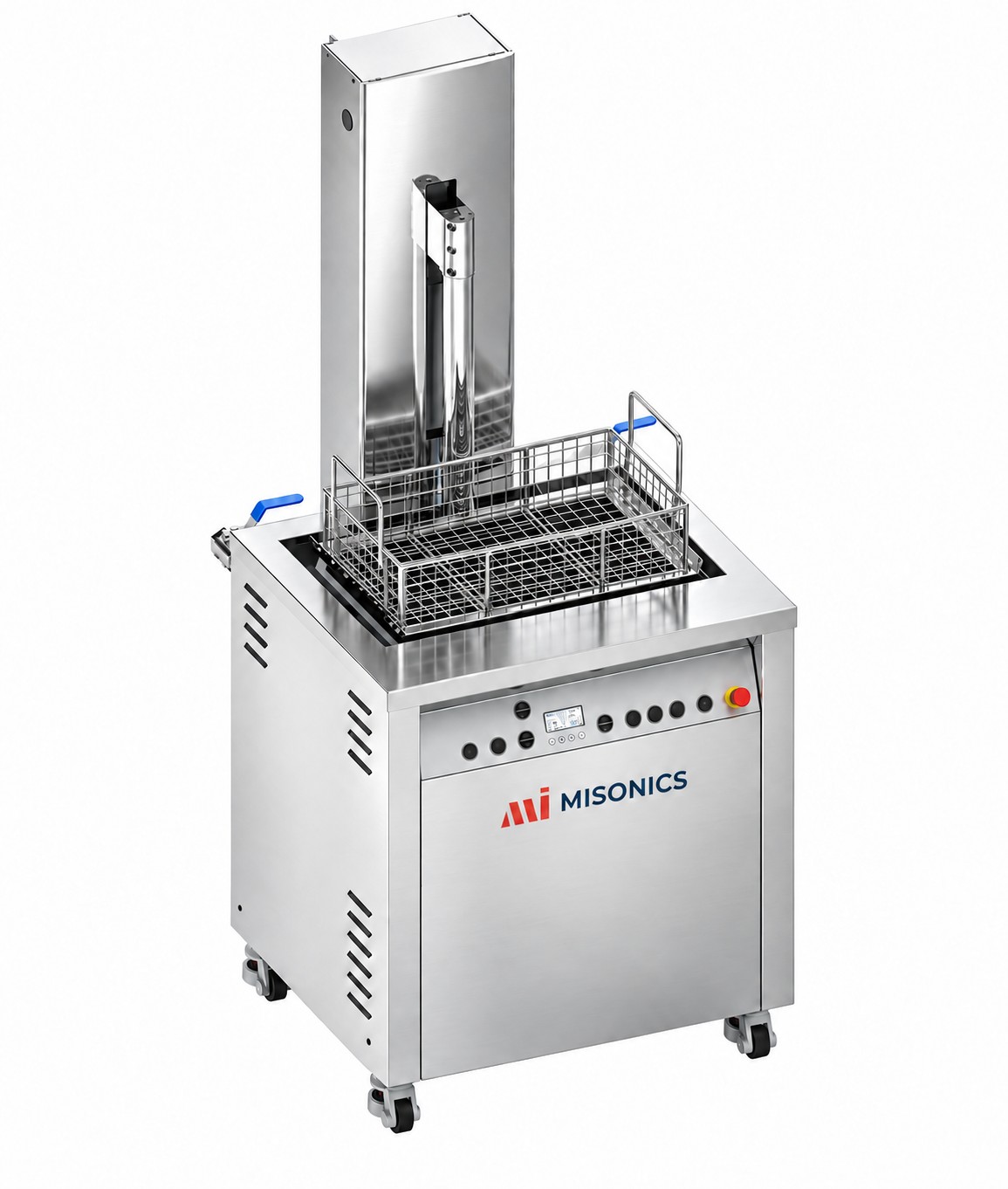 Misonics SonoLift powered-lift ultrasonic cleaner — Basket raised to drain position