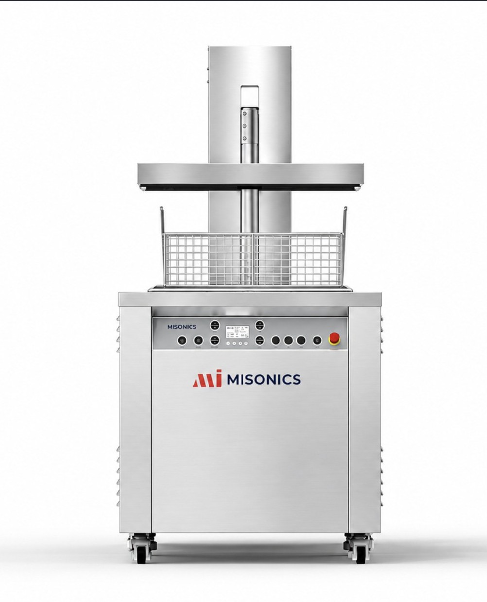 Misonics Sono Series — SonoLift powered-lift ultrasonic cleaner, lid raised clear of the tank on the lift arm