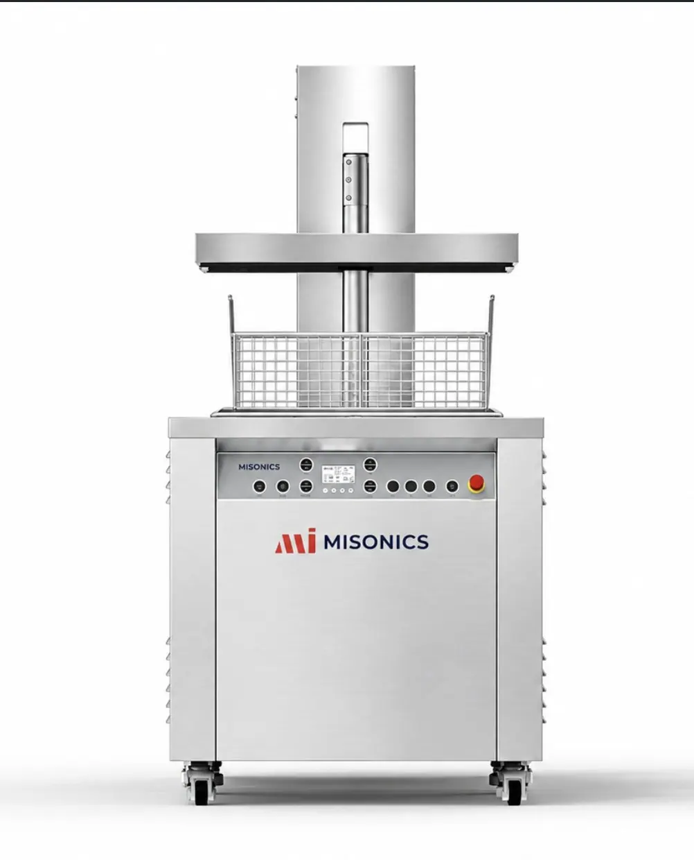 Misonics Sono Series — SonoLift powered-lift ultrasonic cleaner, lid raised clear of the tank on the lift arm