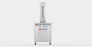 Misonics SonoLift powered-lift ultrasonic cleaner — Basket lowered into the bath