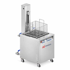 Misonics SonoLift powered-lift ultrasonic cleaner — Basket raised — three-quarter view