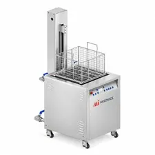 Misonics SonoLift powered-lift ultrasonic cleaner — Basket raised — three-quarter view