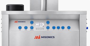 Misonics SonoLift powered-lift ultrasonic cleaner — Control panel — heating, temperature, time, power, f1–f3, run