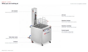 Misonics SonoLift powered-lift ultrasonic cleaner — Layout — lift column, arm, basket, worktop, control panel, drain and castors