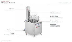 Misonics SonoLift powered-lift ultrasonic cleaner — Layout — lift column, arm, basket, worktop, control panel, drain and castors