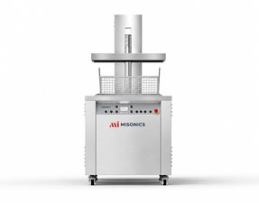 Misonics SonoLift powered-lift ultrasonic cleaner — Lid raised with the basket on the lift