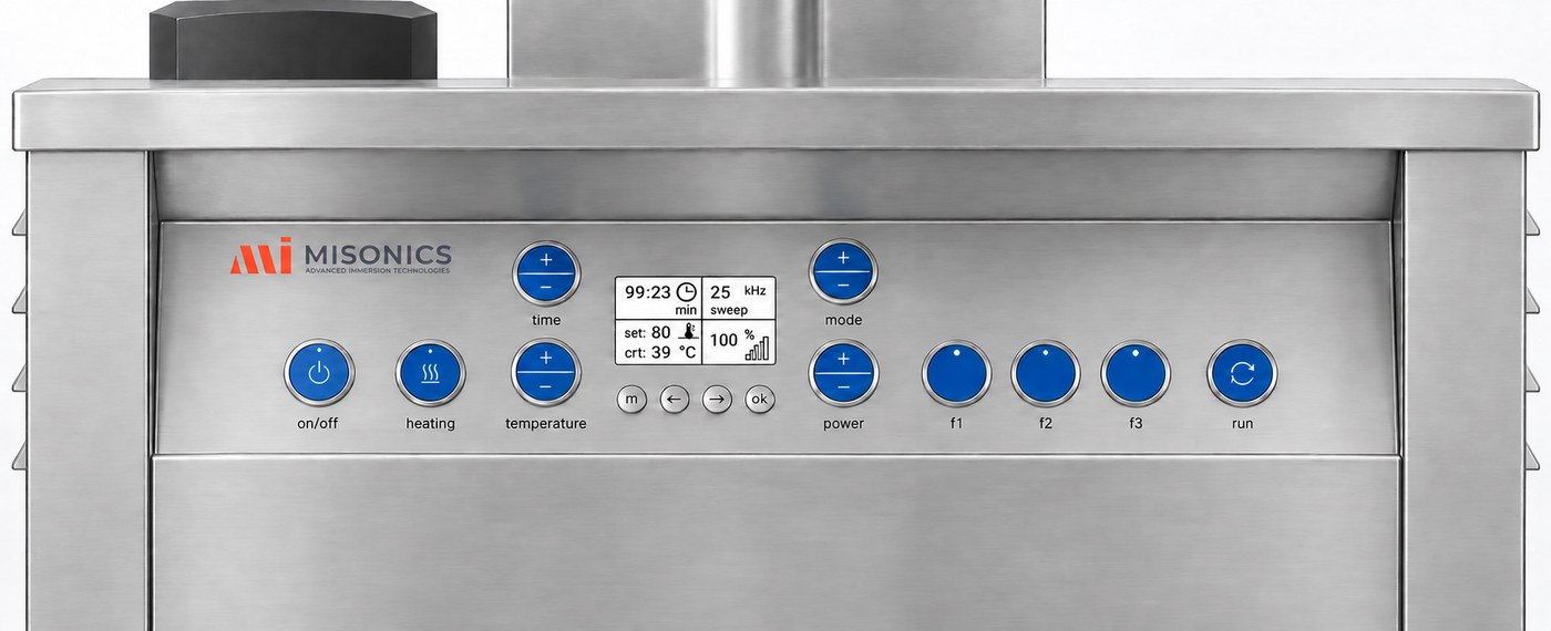 Misonics SonoWash control panel — on/off, heating, temperature, time, display, mode, power, f1 f2 f3 and run