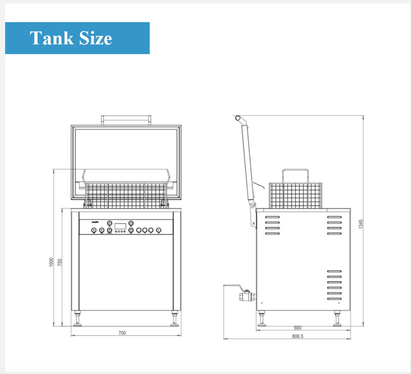 SonoWash 85 general arrangement — 700 mm wide, 806.5 mm deep, 1,000 mm high, 1,345 mm with the lid open