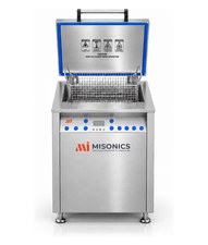 Misonics SonoWash manual immersion tank, lid open with a basket in the bath