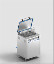 Misonics SonoWash industrial ultrasonic tank &mdash; Lid open, basket in the tank