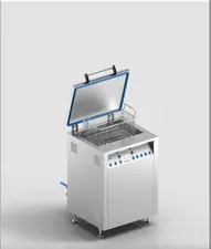 Misonics SonoWash industrial ultrasonic tank &mdash; Lid open, basket in the tank