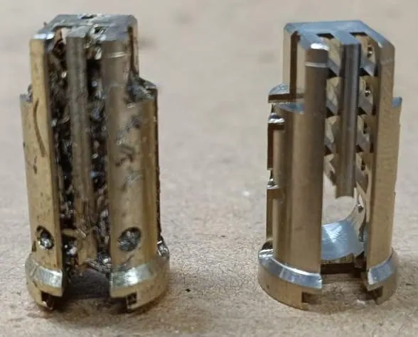 Brass lock cylinder core before and after cleaning