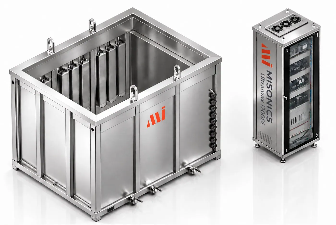 Misonics UltraMax HX 3 12,000 L ultrasonic immersion tank with its generator cabinet