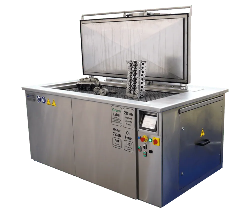 UltraTecno ACM-750N industrial ultrasonic cleaner with a cylinder block on the platform lift