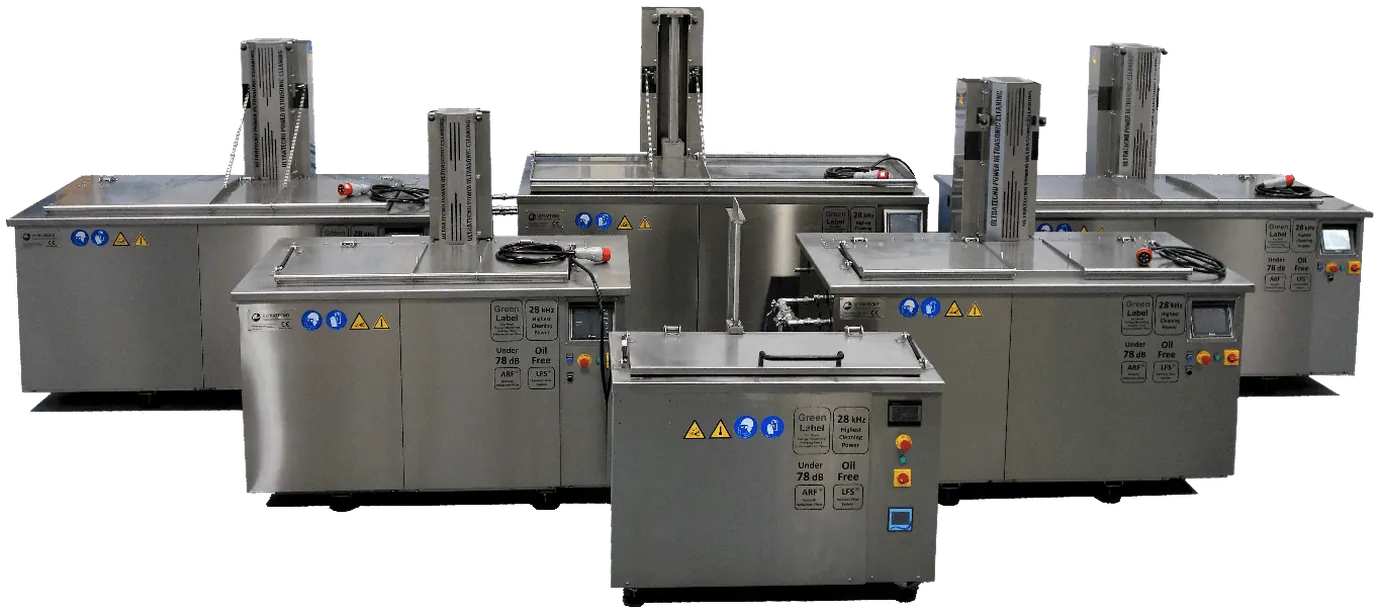The UltraTecno ACM range of heavy-duty industrial ultrasonic cleaning machines, each with its platform lift column