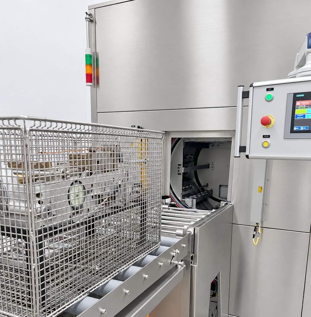 UltraWash — loaded basket on the roller conveyor, chamber open