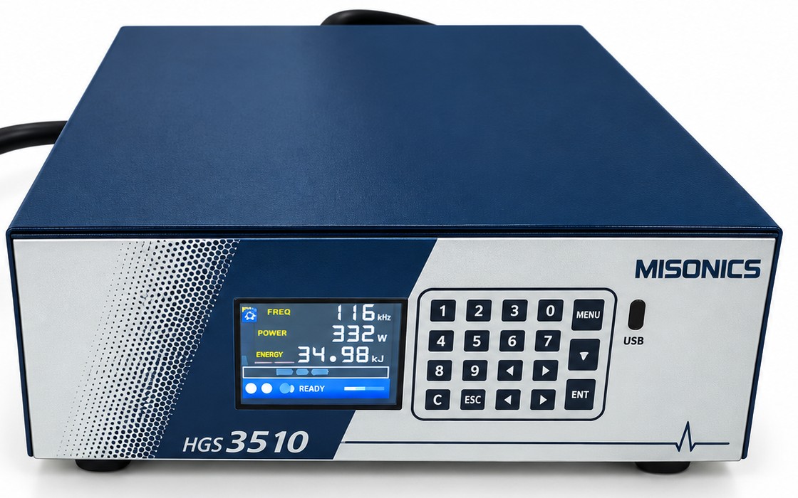 A Misonics HGS 3510 ultrasonic generator — keypad, colour display and USB port