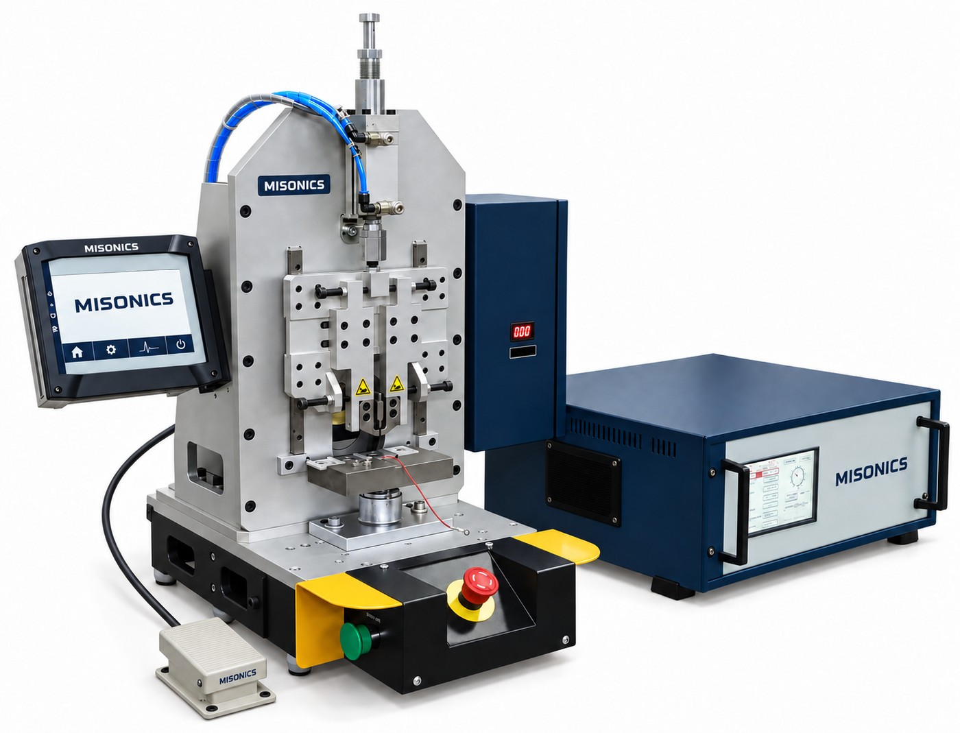 A Misonics ultrasonic metal welder with its generator cabinet and foot pedal