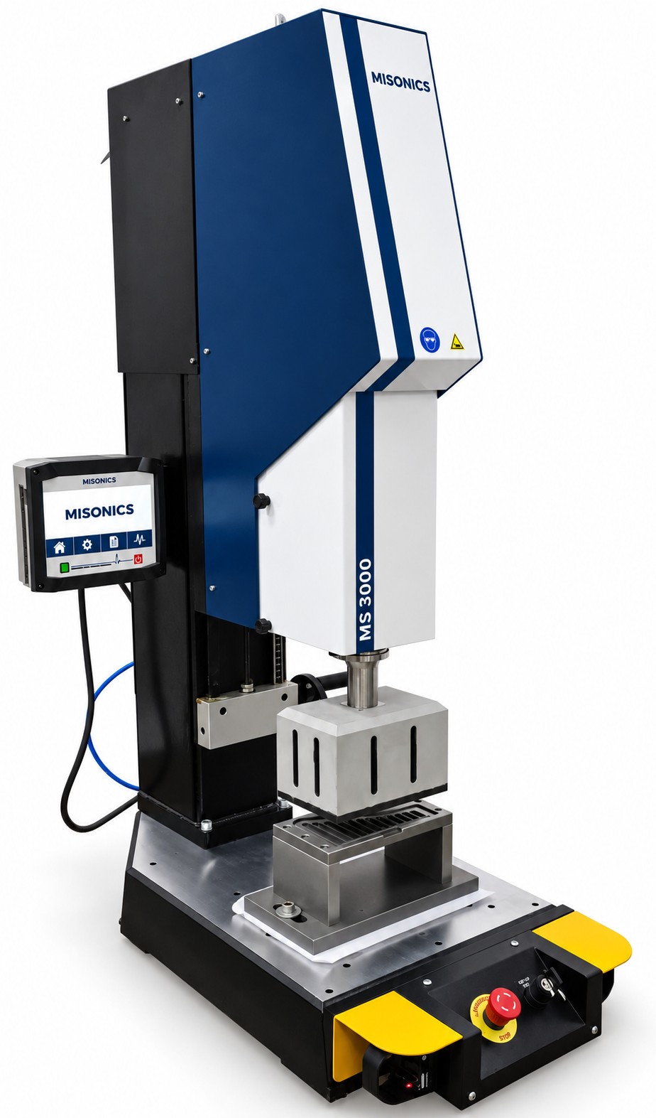 A Misonics MS 3000 ultrasonic welding press with tooling set in the fixture