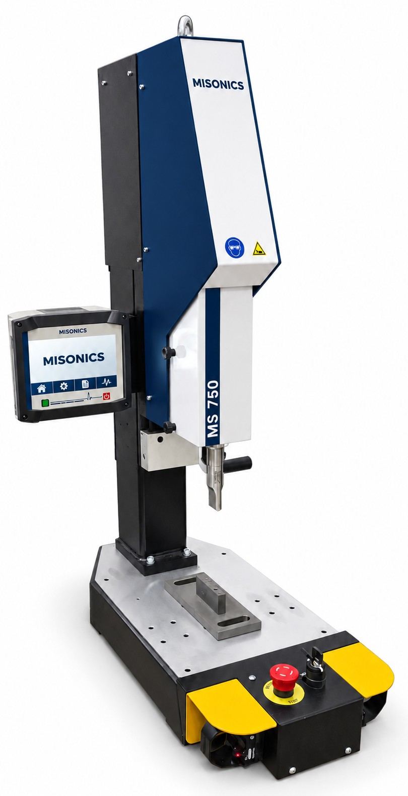 A Misonics MS 750 ultrasonic welding bench press with a touchscreen control head